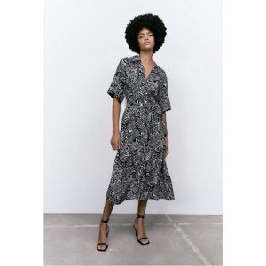 Zara Black White Printed Button Down Shirt Midi Dress V-Neck Lapel Collar Large